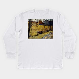 Haystacks and Barn by George Bellows Kids Long Sleeve T-Shirt